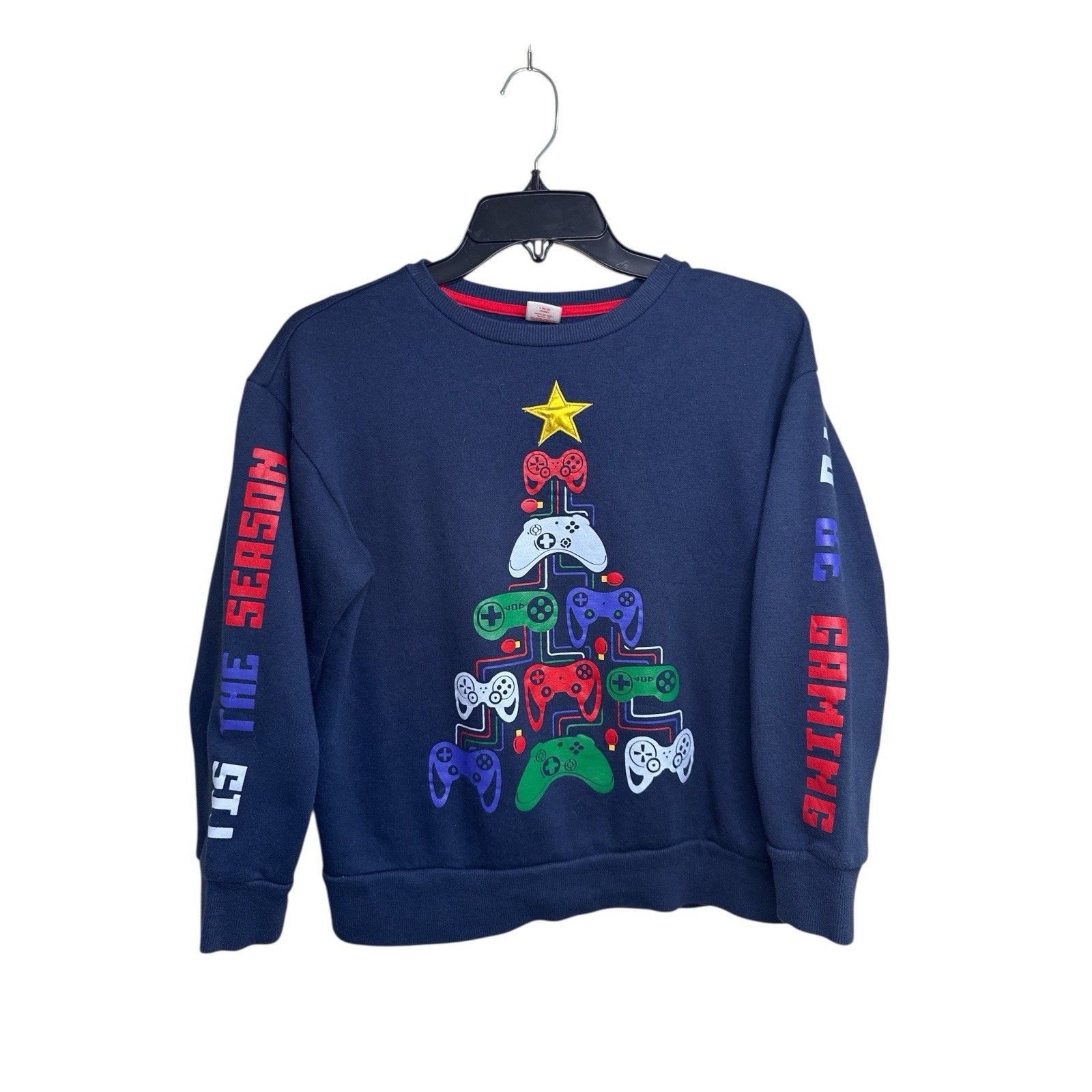 Boys L Husky Holiday Sweatshirt Gamer Christmas Tree Controller Navy Crewneck